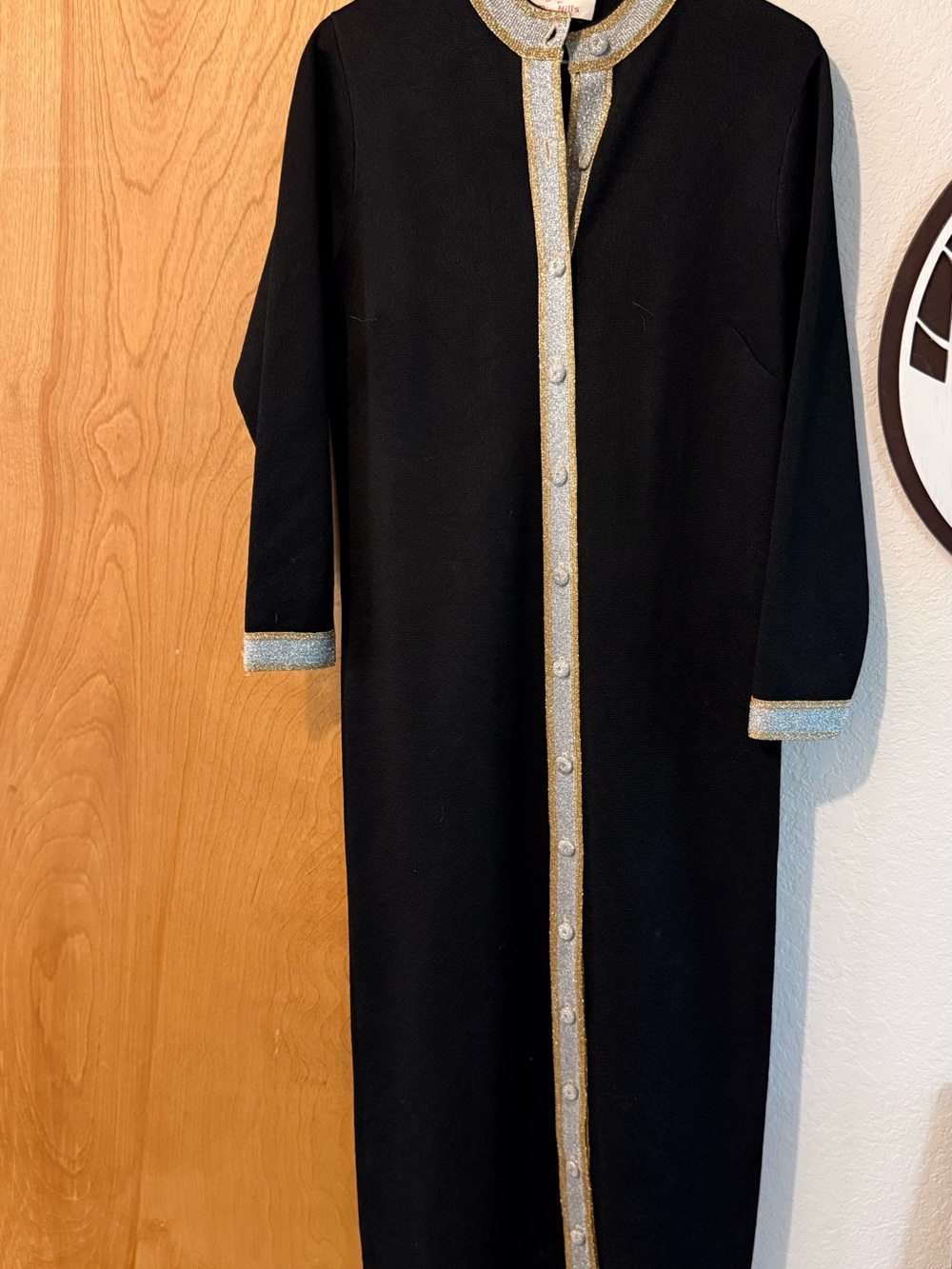 Black Maxi Dress with Metallic Gold Trim - Classic Long Sleeve Maxi